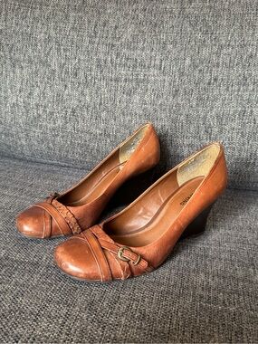 Call It Spring Brown Leather Wedge Heels With Braided Strap & Buckle Detail